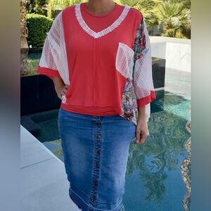 POL Women's Coral and White Patchwork Top New